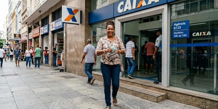 Mulher sorrindo segura dinheiro saindo de agência da Caixa com pessoas na fila ao fundo