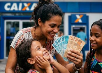 Mulher sorrindo exibe notas de reais com duas crianças em frente à agência Caixa.