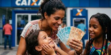 Mulher sorrindo exibe notas de reais com duas crianças em frente à agência Caixa.