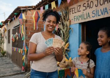 Mulher sorrindo segura dinheiro em notas de real ao lado de duas meninas em festa de São João na rua decorada