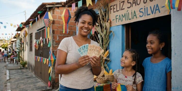 Mulher sorrindo segura dinheiro em notas de real ao lado de duas meninas em festa de São João na rua decorada
