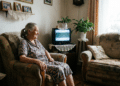Mulher idosa de cabelos grisalhos sentada em poltrona bege assiste televisão de tubo em sala decorada com crochê e fotos