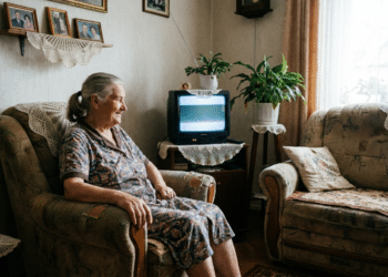 Mulher idosa de cabelos grisalhos sentada em poltrona bege assiste televisão de tubo em sala decorada com crochê e fotos