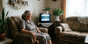 Mulher idosa de cabelos grisalhos sentada em poltrona bege assiste televisão de tubo em sala decorada com crochê e fotos