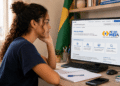 Jovem mulher observa tela de computador com programa Pé-de-Meia do MEC ao lado de caderno e livros