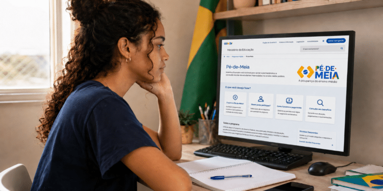 Jovem mulher observa tela de computador com programa Pé-de-Meia do MEC ao lado de caderno e livros