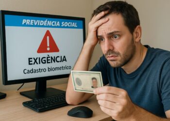Homem olha preocupado para documento de identidade diante de monitor com aviso de exigência de cadastro biométrico da Previdência Social