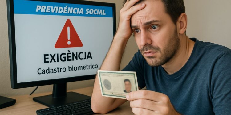 Homem olha preocupado para documento de identidade diante de monitor com aviso de exigência de cadastro biométrico da Previdência Social
