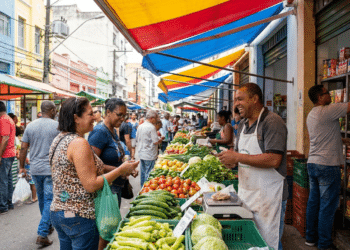 Feirante com avental sorri ao atender clientes em barraca de verduras sob toldo colorido em feira livre urbana
