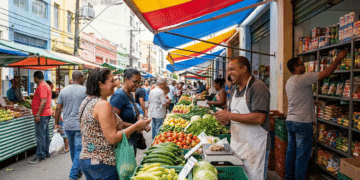 Feirante com avental sorri ao atender clientes em barraca de verduras sob toldo colorido em feira livre urbana