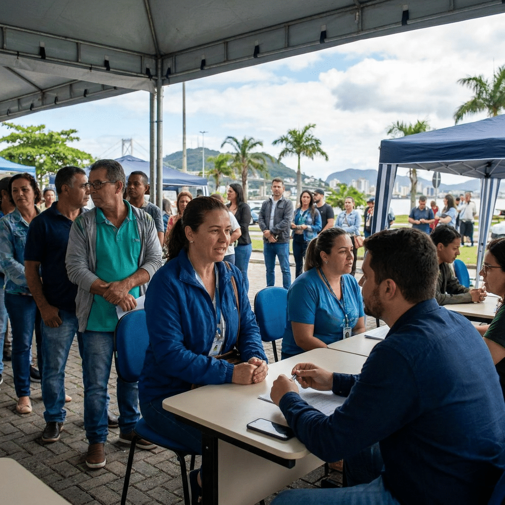 Cidadãos recebem atendimento em mesas de tendas durante ação do Governo do Brasil na Rua em Florianópolis