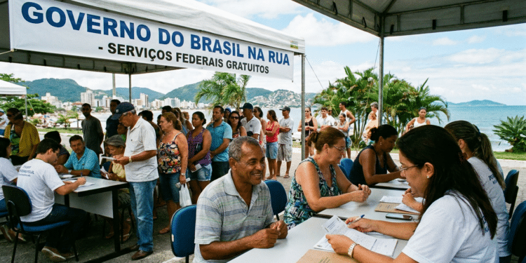 Atendentes recebem cidadãos em mesas sob tenda branca com faixa "Governo do Brasil na Rua" à beira-mar em Floripa