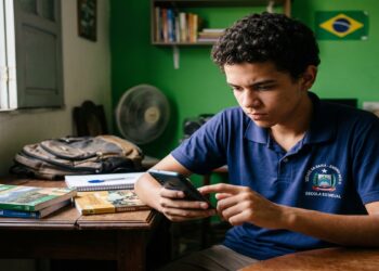 Jovem de cabelos cacheados, com camisa polo azul da escola estadual da Bahia, olha para o celular em mesa de estudos
