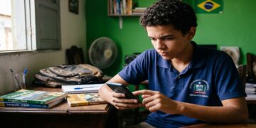 Jovem de cabelos cacheados, com camisa polo azul da escola estadual da Bahia, olha para o celular em mesa de estudos
