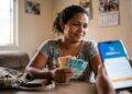 Mulher sorrindo segura notas de 50 e 100 reais enquanto outra pessoa mostra o aplicativo Caixa Tem no celular