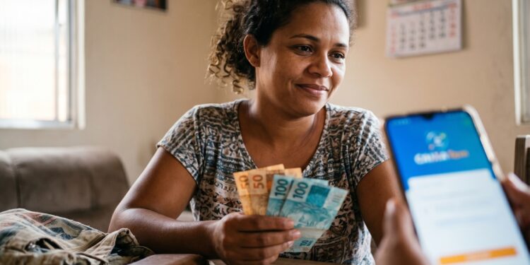 Mulher sorrindo segura notas de 50 e 100 reais enquanto outra pessoa mostra o aplicativo Caixa Tem no celular