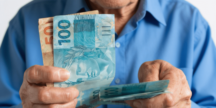 Idoso contando notas de real simboliza aposentadoria em 2026.