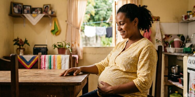 Mulher grávida sentada à mesa, sorrindo e segurando a barriga em cozinha simples iluminada