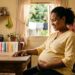 Mulher grávida sentada à mesa, sorrindo e segurando a barriga em cozinha simples iluminada