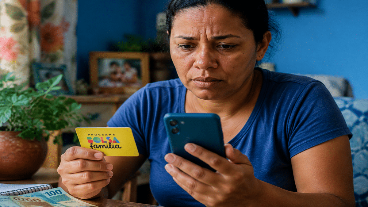Beneficiária preocupada segura cartão do programa e consulta o celular