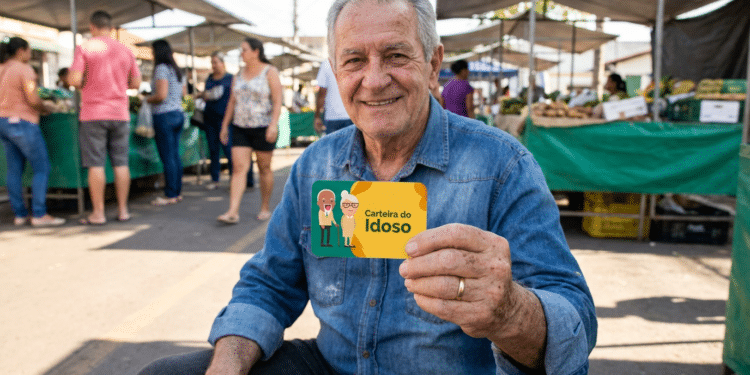 Homem idoso sentado ao ar livre sorrindo e exibindo Carteira do Idoso em feira