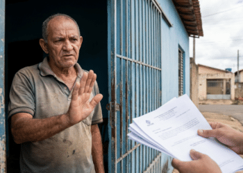 Homem idoso rejeita papéis entregues por outra pessoa em portão azul de residência