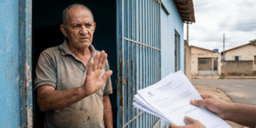 Homem idoso rejeita papéis entregues por outra pessoa em portão azul de residência