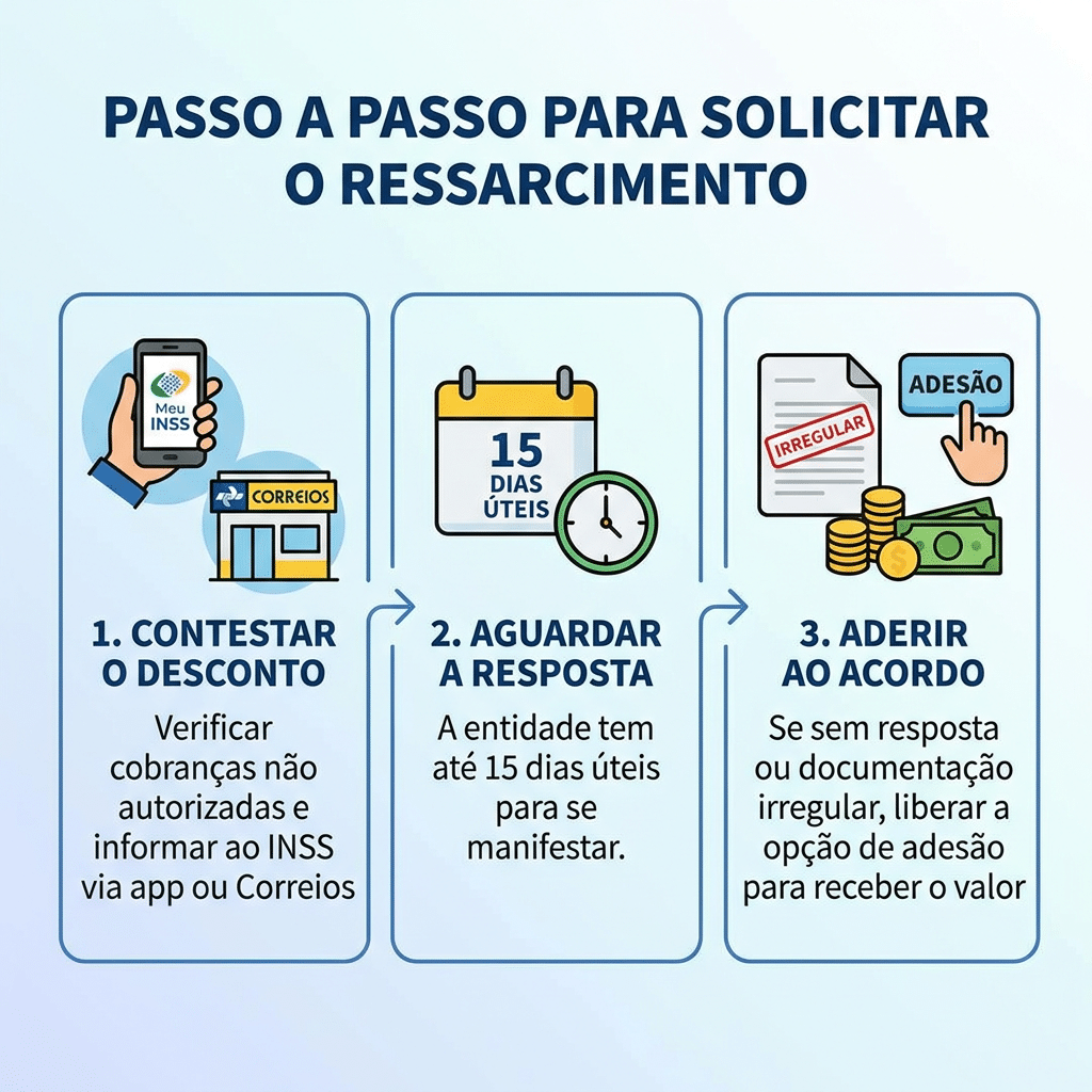 Infográfico com três etapas do processo de contestação de descontos associativos do INSS, mostrando verificação, aguardo e adesão ao acordo