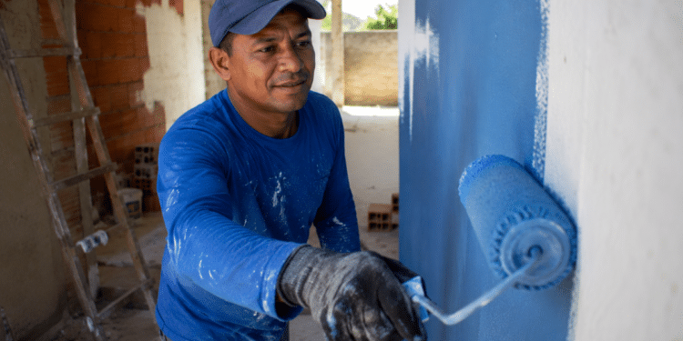 Pintor com boné e luvas aplica tinta azul em parede com rolo em obra residencial