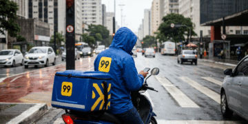 Entregador da 99 com capa de chuva azul sobre moto verifica celular em semáforo durante dia chuvoso em cidade brasileira