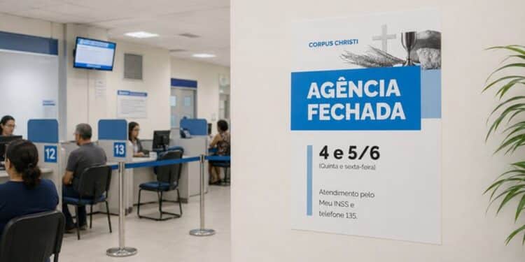 Cartaz em agência do INSS informa fechamento dias 4 e 5/6 por Corpus Christi, com guichês e atendentes ao fundo