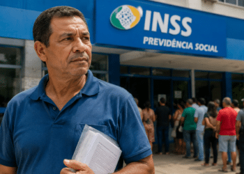 Homem segura documentos em frente à agência do INSS com fila de pessoas ao fundo
