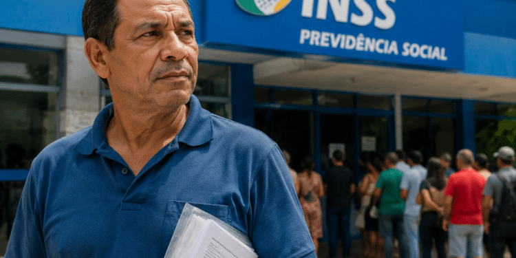 Homem segura documentos em frente à agência do INSS com fila de pessoas ao fundo