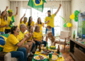 Família com camisas amarelas, pintura facial verde-amarela, bandeira do Brasil, celebrando gol em TV com placar Brasil 2x0 Argentina