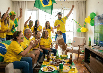 Família com camisas amarelas, pintura facial verde-amarela, bandeira do Brasil, celebrando gol em TV com placar Brasil 2x0 Argentina