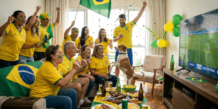 Família com camisas amarelas, pintura facial verde-amarela, bandeira do Brasil, celebrando gol em TV com placar Brasil 2x0 Argentina
