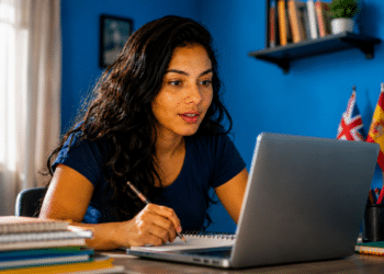 Jovem estuda idioma em casa pelo notebook com bandeiras do Reino Unido e da Espanha ao lado