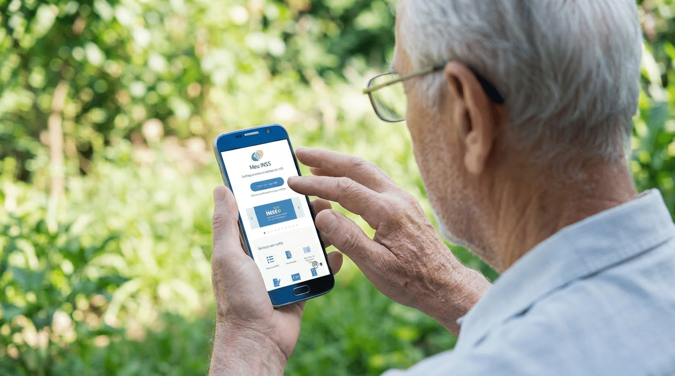 Homem idoso de cabelos grisalhos e óculos segura smartphone exibindo tela do app Meu INSS em ambiente externo verde