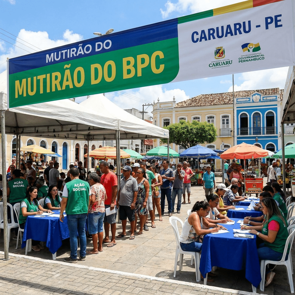 Fila de cidadãos aguarda atendimento no mutirão do BPC em praça de Caruaru, com mesas e tendas da Ação Social