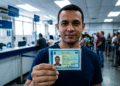 Homem de camiseta azul mostra CIN com QR Code em posto de serviços públicos com fila ao fundo