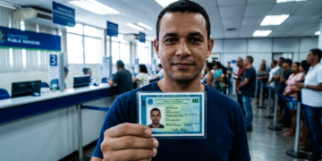 Homem de camiseta azul mostra CIN com QR Code em posto de serviços públicos com fila ao fundo