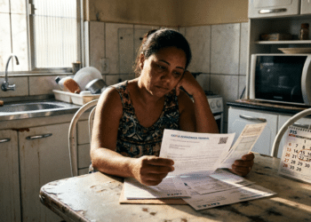 Mulher de regata floral sentada na cozinha analisando extrato da Caixa Econômica Federal com expressão preocupada