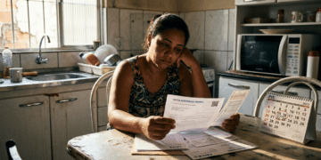 Mulher de regata floral sentada na cozinha analisando extrato da Caixa Econômica Federal com expressão preocupada