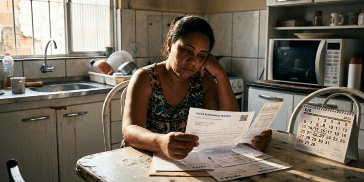 Mulher de regata floral sentada na cozinha analisando extrato da Caixa Econômica Federal com expressão preocupada
