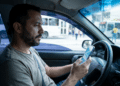 Homem barbudo de camiseta cinza segura celular com mapa ao volante, ônibus urbanos desfocados ao fundo