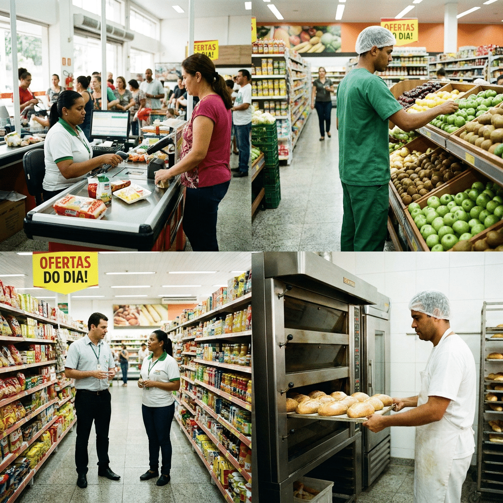 Funcionários de supermercado em atividade: repositor de frutas, padeiro, caixa e gerente em corredores com placa de ofertas