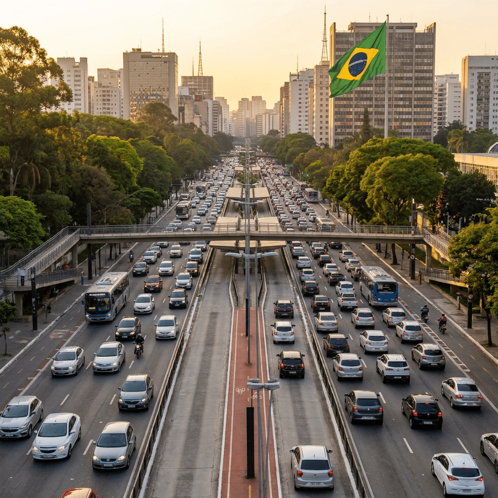 Vista aérea de avenida paulistana com trânsito intenso, ciclovia central e bandeira brasileira hasteada ao entardecer