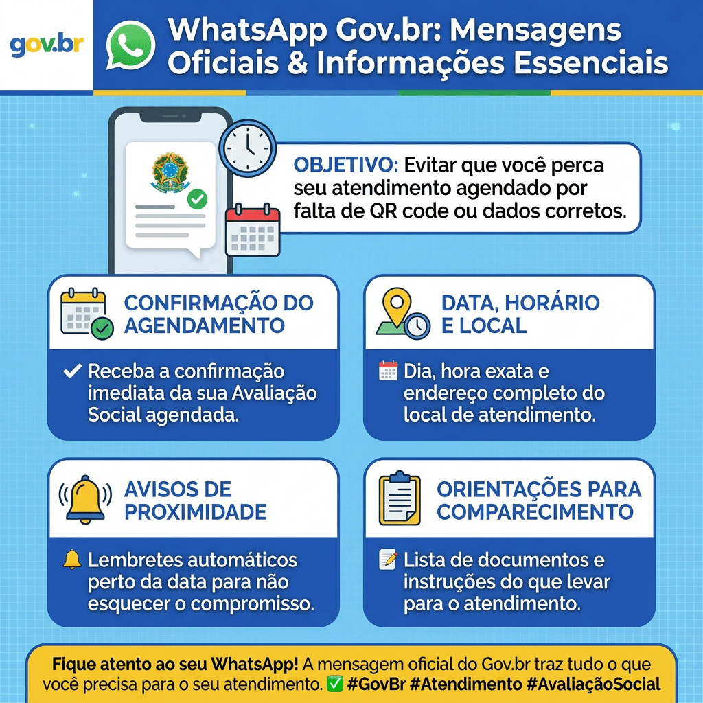 Infográfico oficial Gov.br sobre WhatsApp mostrando confirmação de agendamento, data e local, avisos e orientações do BPC