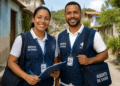 Dois agentes de saúde do SUS sorrindo em rua residencial, usando coletes azuis e crachás