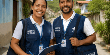 Dois agentes de saúde do SUS sorrindo em rua residencial, usando coletes azuis e crachás